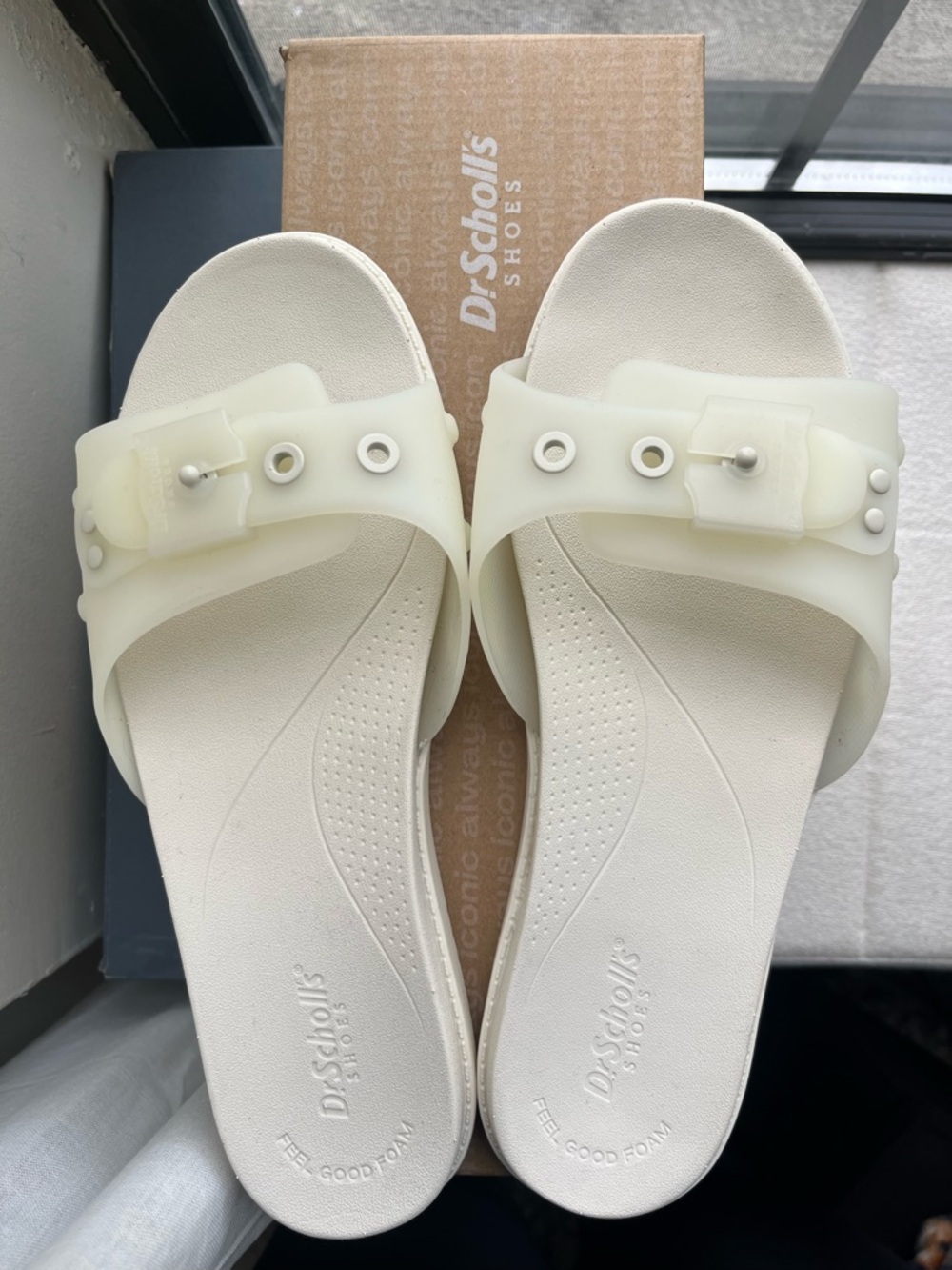 Dr. Scholl's Women's Cream Slide Sandals with Buckle Accent